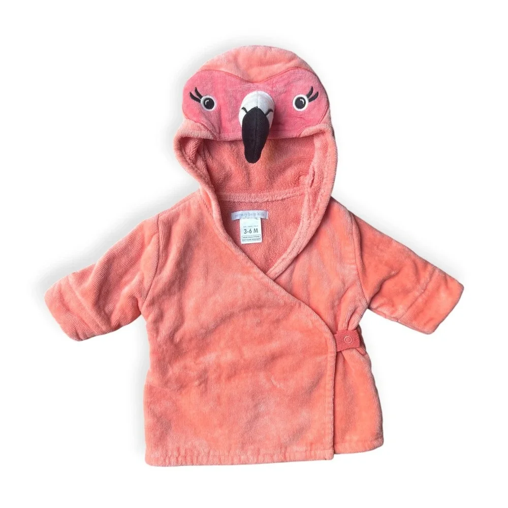 Pottery Barn Hooded Flamingo Baby Robe Coral Cotton Terry 3-6 Months